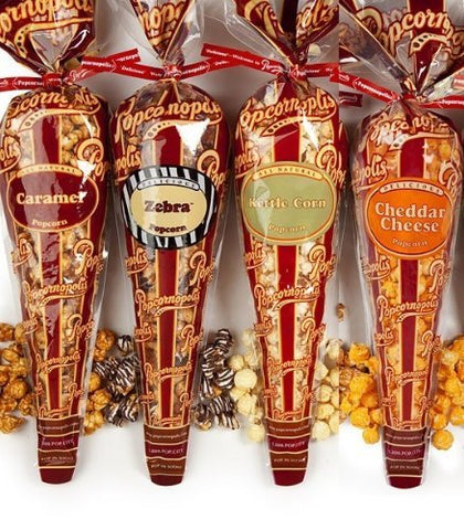 Mini Cones - Caramel Corn 2.2 oz, 
Mini Cones - Cheddar Cheese 0.92 oz,
Mini Cones - Kettle Corn 0.875 oz and
Mini Cones - Zebra Popcorn 2.7 oz