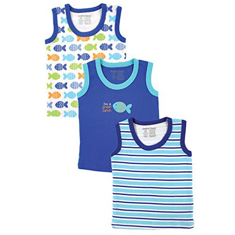 Luvable Friends, Sleeveless Tee Top, Blue Stripes, Solid Blue Fish Print and Blue Fish Printed, 3-Pack, 6-9 mos