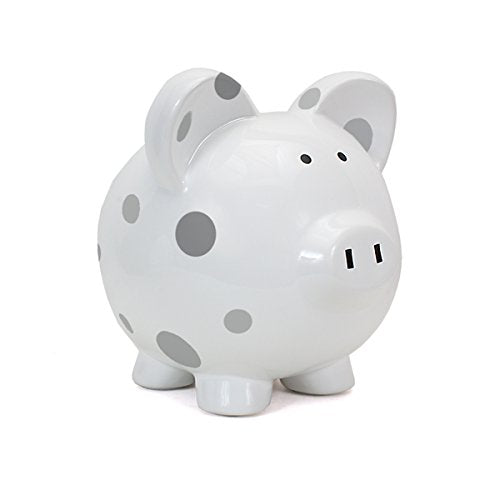 Large Piggy Bank, Gray w/ White Polka Dots