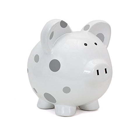 Large Piggy Bank, Gray w/ White Polka Dots