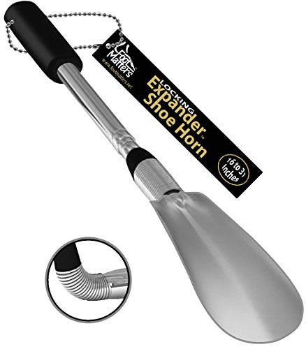 FootMatters Long Handled Metal Locking Expander Shoe Horn Flex Spring End - Extends & Collapses 16" to 31" Locks in place at 3 different lenghts - Stainless Steel Strong - Light & Easy to Carry and Stow - 100%