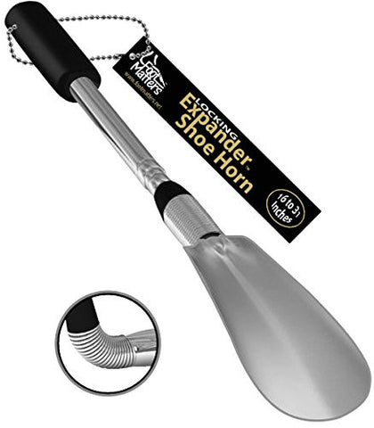 FootMatters Long Handled Metal Locking Expander Shoe Horn Flex Spring End - Extends & Collapses 16" to 31" Locks in place at 3 different lenghts - Stainless Steel Strong - Light & Easy to Carry and Stow - 100%