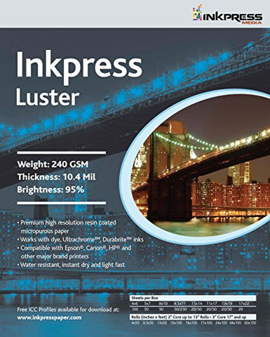 Luster, 240 gsm, 10.4 mil, 94 Percent Bright, Single Sided, 11 x 17, 20 Sheets