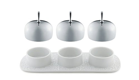 Three-section jam tray in porcelain with lids, 8 x 3¼ in.