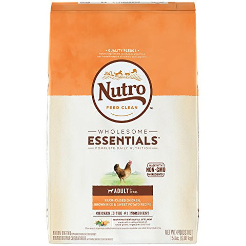NUTRO WHOLESOME ESSENTIALS Adult Farm-Raised Chicken, Brown Rice & Sweet Potato Recipe Natural Dog Food Plus Vitamins, Minerals & Other Nutrients (1) 15-lb. Bag Rich in Nutrients and Full of Flavor