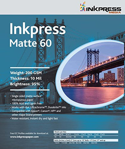 Matte 60, 200 gsm, 10 mil, 95 Percent Bright, Single Sided, 11 x 14, 50 Sheets