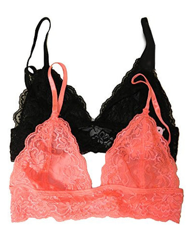 Full Lace Triangle Bralette with Hook Clasp - Black and Full Lace Triangle Bralette with Hook Clasp - Coral, Small/Medium (Pack of 2)