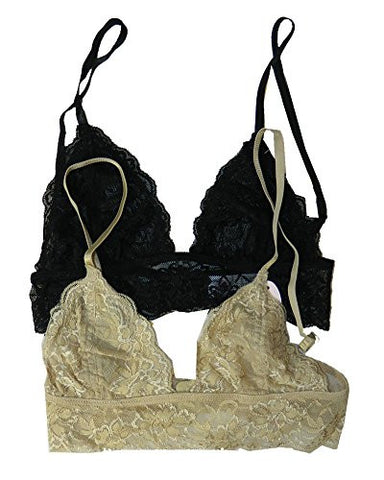 Full Lace Triangle Bralette with Hook Clasp - Black and Full Lace Triangle Bralette with Hook Clasp - Beige, Small/Medium (Pack of 2)