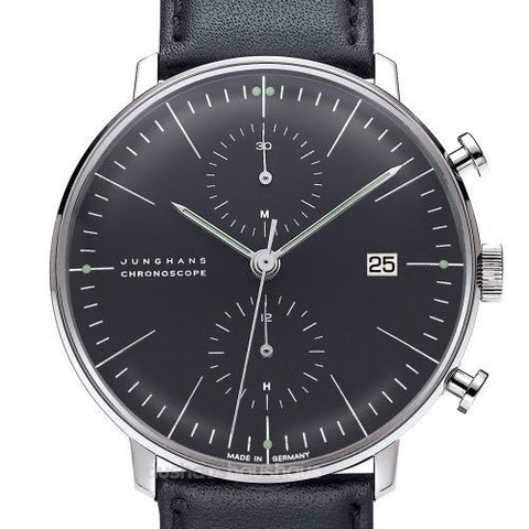 Junghans Max Bill Chronoscope Wrist Watch
Black Dial, Lines
Date Marker, Calf Leather
Black Band