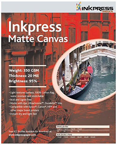 Matte Canvas, 350 gsm, 20 mil, 95 Percent Bright, 8.5 x 11, 10 Sheets