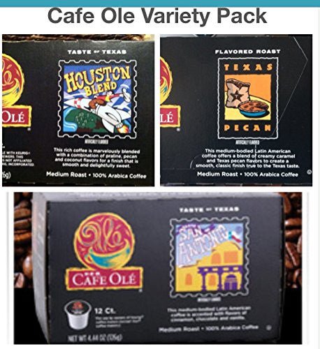 Cafe Ole 24 Taste of San Antonio (Medium Roast 12 Count),
Cafe Ole 24 Texas Pecan (Medium Roast 12 Count), and
Cafe Ole 24 Houston Blend (Medium Roast 12 Count).