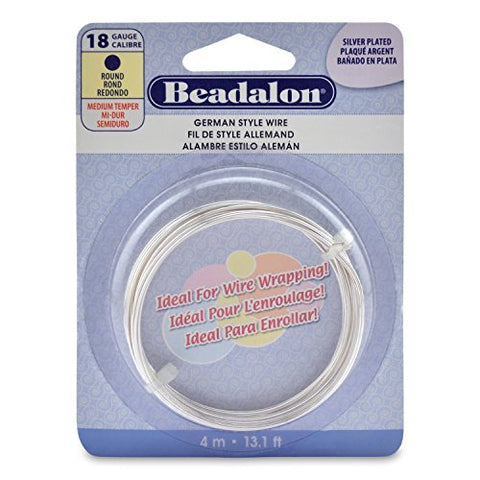 German Style Wire, Round, Silver Plated, 18 gauge, (.040 in, 1.02 mm), 4 m (13 ft)