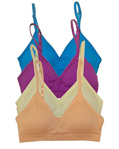 Seamless Plunging V-Neck Sport Bra - Turquoise and Seamless Plunging V-Neck Sport Bra - Violet and Seamless Plunging V-Neck Sport Bra - Ivory and Seamless Plunging V-Neck Sport Bra - Salmon, One Size (Pack of 4)
