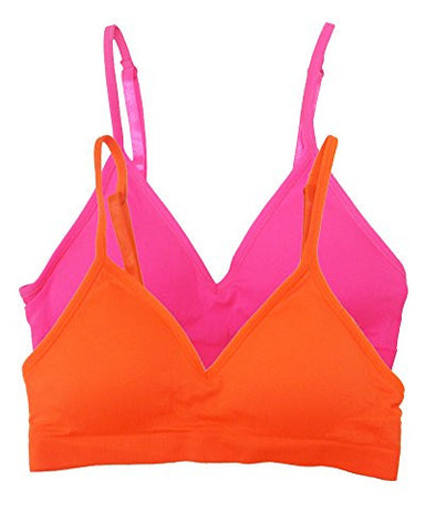 Seamless Plunging V-Neck Sport Bra - Neon Pink and Seamless Plunging V-Neck Sport Bra - Neon Orange, One Size (Pack of 2)