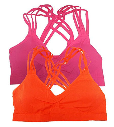 Strappy Criss-Cross Back Comfort Sports Bra - Neon Pink and Strappy Criss-Cross Back Comfort Sports Bra - Neon Orange, One Size (Pack of 2)