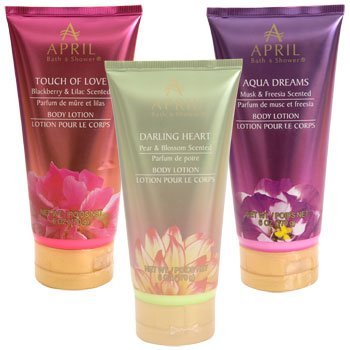April Bath & Shower Scented Body Lotion, 6 oz Tubes Musk & Freesia, 6 oz Pear & Blossom, and 6 oz Blackberry & Lilac