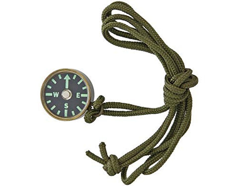 Combat Ready Compass with Neck Lanyard - 3/4" diameter. Antique brass casing. Fluorescent green glow-in-the dark markings. OD green nylon cord lanyard. Hang packaged.