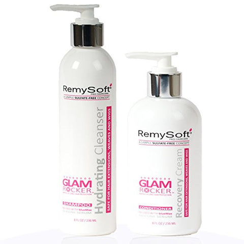 RemySoft Glam Rocker Hydrating Cleanser & Recovery Cream Duo - Safe for Hair Extensions, Weaves and Wigs - Salon Formula Shampoo and Conditioner Combo - Gentle Sulfate-free Lather