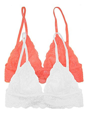 Full Lace Triangle Bralette with Hook Clasp - White and Full Lace Triangle Bralette with Hook Clasp - Coral, Medium/Large (Pack of 2)
