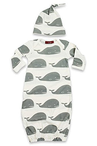 Milkbarn Organic Newborn Gown & Hat Set (0-3 Months, Grey Whale)