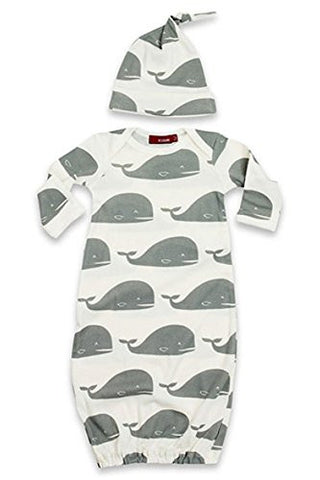 Milkbarn Organic Newborn Gown & Hat Set (0-3 Months, Grey Whale)