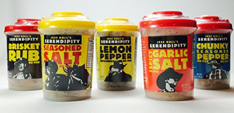 Jess Hall's Serendipity Seasonings Variety Pack - Seasoned Salt No MSG, Brisket Rub, Spicy Garlic Salt, Chunky Seasoned Pepper, Lemon Pepper