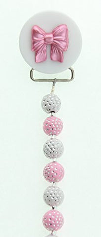 Pink Bow & White Button with Pink & White Acrylic Beads Pacifier Clip