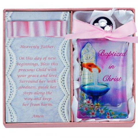 Pink Baptism Water Bottle Pink Bow & Box, 3 1/2"x1 3/4"