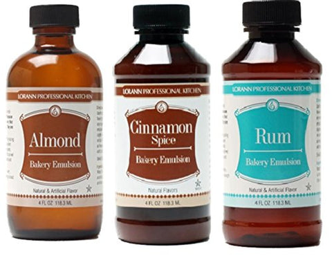 Bakery Emulsion, Almond Flavor, 4 oz,
Bakery Emulsion, Cinnamon Spice Flavor, 4 oz, and
Bakery Emulsion, Rum Flavor, 4 oz