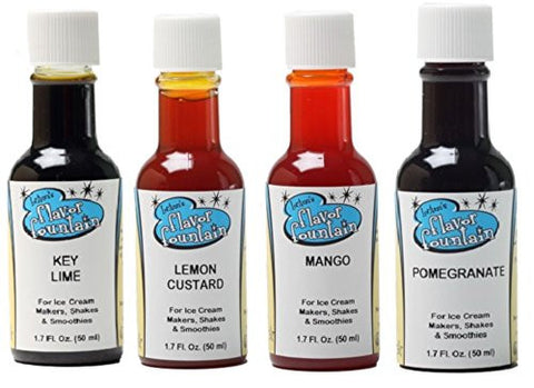 Flavor Fountain, Key Lime Flavor, 1.7 oz,
Flavor Fountain, Lemon Custard Flavor, 1.7 oz,
Flavor Fountain, Mango Flavor, 1.7 oz, and
Flavor Fountain, Pomegranate Flavor, 1.7 oz