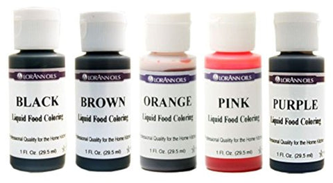 Extra Strength BlackLiquid Food Color, 1 oz.
Extra Strength Brown Liquid Food Color, 1 oz. Extra Strength Orange Liquid Food Color, 1 oz. 
Extra Strength Pink Liquid Food Color, and
Extra Strength Purple Liquid Food Color