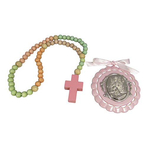 Pink Crib Medal And Wooden Rosary 21in