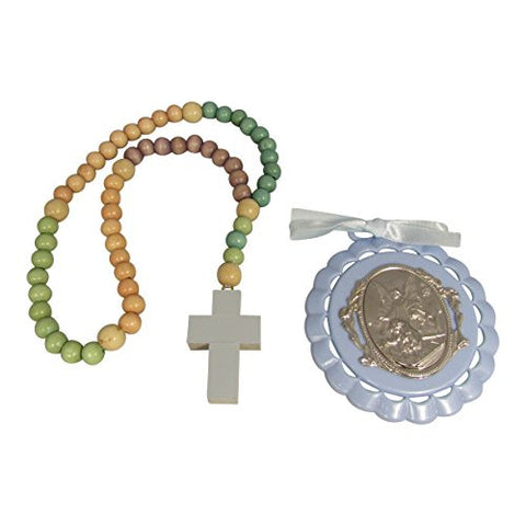 Blue Crib Medal With Wooden Rosary 21in