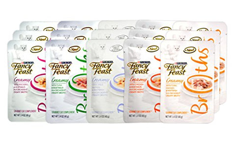 3-Fancy Feast Broths Creamy Makerel Vegetable 1.4 oz and 3-Fancy Feast Broths Creamy Tuna Vegetable 1.4 oz and 3-Fancy Feast Broths Creamy Salmon Whitefish 1.4 oz and 3-Fancy Feast Broths Creamy Chicken Vegetable 1.4 oz and 3-Fancy Feast Broths Creamy wit