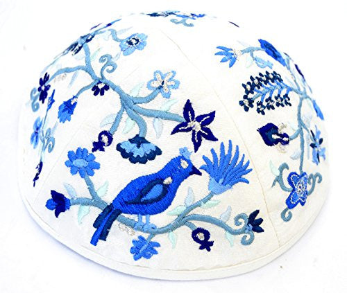 Kippah - Embroidered - Birds Blue