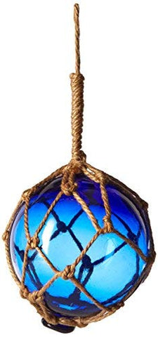 Blue Japanese Glass Ball Fishing Float With White Netting Decoration 3"