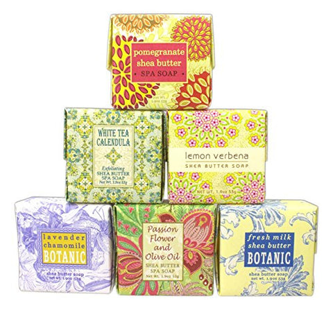 1.9 oz Mini Soap Square, White Tea Calendula, 
1.9 oz Mini Soap Square, Fresh Milk Shea Butter,
1.9 oz Mini Soap Square, Lemon Verbena,
1.9 oz Mini Soap Square, Lavender Chamomile,
1.9 oz Mini Soap Square, Passion Flower and Olive Oil and 
1.9 oz Mini Soa