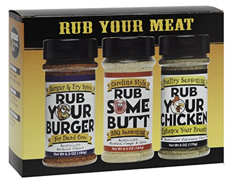 Rub Some Fun - Gift Pack, Rub Your Burger BBQ Rub, 6.50 oz.,
Rub Some Butt Carolina BBQ Rub, 6.5 oz., and
Rub Your Chicken BBQ Rub, 6oz