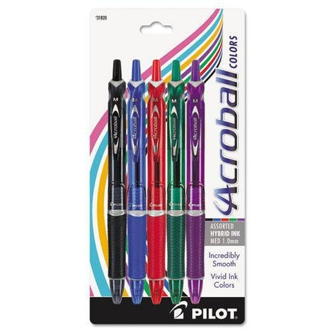 Acroball Colors Retractable Ball Point Pen, Medium - 5 Pack, Assorted Ink (Black, Blue, Red, Green, & Purple)