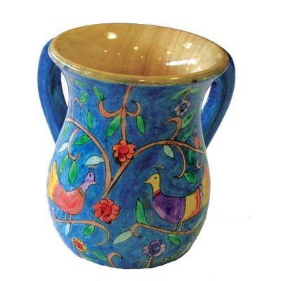 Netilat Yadayim Cup - Hand Painted Wood - Large - Birds, 4.5x5 inch