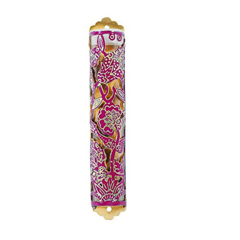 Mezuzah Etching - Flowers Maroon, 7x1.1 inch