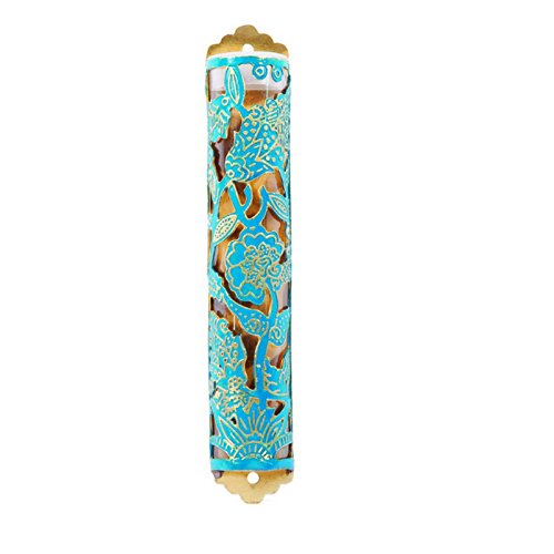 Mezuzah Etching - Flowers Turquoise, 7x1.1 inch