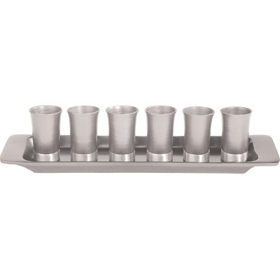 Set of 6 Cups and Tray - Anodize - Silver, 13x13 inch