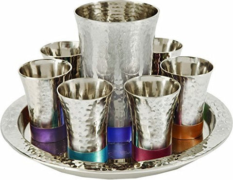 Yair Emanuel Nickel Kiddush Cup & Fountain Set with Multicolor Hammer Work Tray, Silver (8 Items)