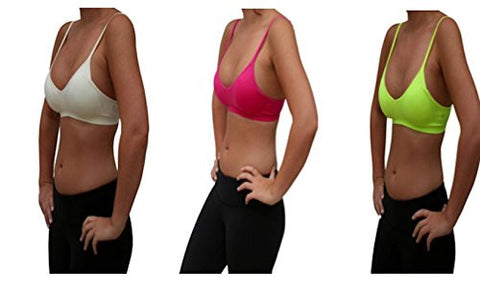 Seamless Plunging V-Neck Sport Bra - Berry and Seamless Plunging V-Neck Sport Bra - Neon Yellow and Seamless Plunging V-Neck Sport Bra - Ivory, One Size (Pack of 3)