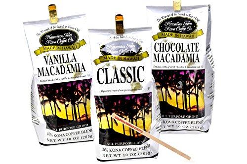 HIKC Classic Grind Coffee Bag - 10 oz, HIKC Vanilla Macadamia Nut Grind Coffee - 10 oz, and HIKC Chocolate Macadamia Grind Coffee Bag - 10 oz