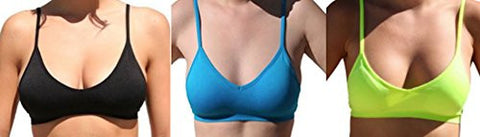 Seamless Plunging V-Neck Sport Bra - Black and Seamless Plunging V-Neck Sport Bra - Turquoise and Seamless Plunging V-Neck Sport Bra - Neon Yellow, One Size (Pack of 3)
