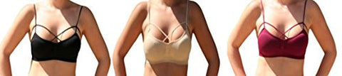 Criss-Cross Strappy Front Design Bra - Burgundy and Criss-Cross Strappy Front Design Bra - Black and Criss-Cross Strappy Front Design Bra - Beige, One Size (Pack of 3)