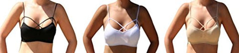 Criss-Cross Strappy Front Design Bra - Black and Criss-Cross Strappy Front Design Bra - White and Criss-Cross Strappy Front Design Bra - Beige, One Size (Pack of 3)