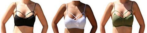 Criss-Cross Strappy Front Design Bra - White and Criss-Cross Strappy Front Design Bra - Black and Criss-Cross Strappy Front Design Bra - Olive, One Size (Pack of 3)